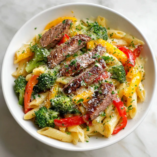 Creamy Garlic Parmesan Penne with Steak, Broccoli & Bell Peppers