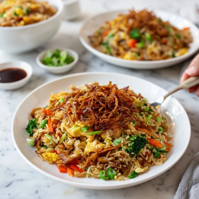 Easy Chicken Fried Rice Recipe with Crispy Onions and Cooked Vegetables