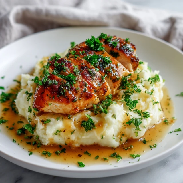 Glazed Garlic Herb Chicken Breast Over Creamy Mashed Potatoes with Pan Sauce