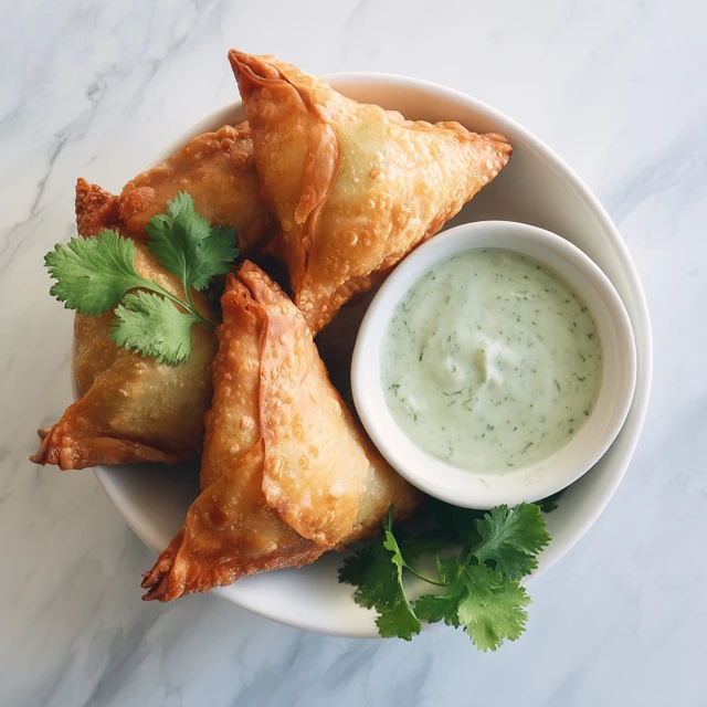 Crispy Vegetarian Samosas with Cilantro-Yogurt Sauce