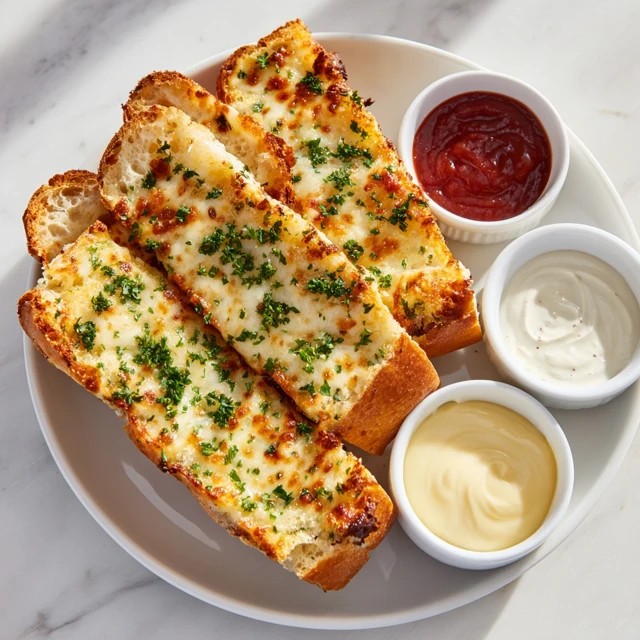 Cheesy Garlic Bread with Dipping Sauces – Golden, Crispy & Irresistible