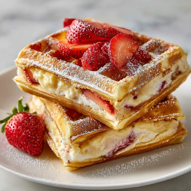 Strawberry Cheesecake Stuffed Waffles – Crispy Golden Waffles Filled with Creamy Strawberry Cheesecake