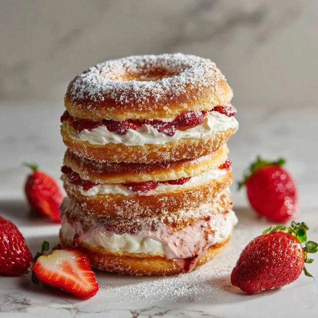 Strawberry Cream Stuffed Pancake Donut Sandwich Stack (Ultimate Brunch Dessert Tower)