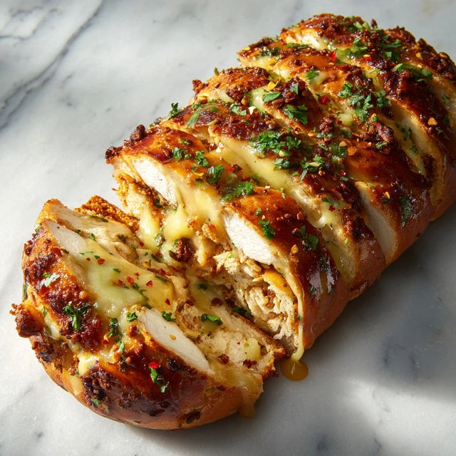 Hot Honey Pretzel Chicken Stuffed Garlic Bread